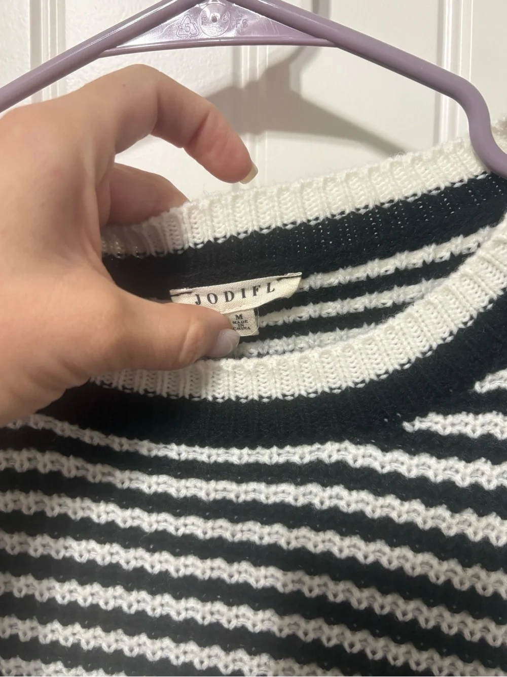 JODIFL Black and White Striped Scoop Neck Sweater